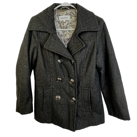 Calvin Klein Wool Blend Jacket Pea Coat Double Breasted Women 8 Black Warm - Picture 1 of 16